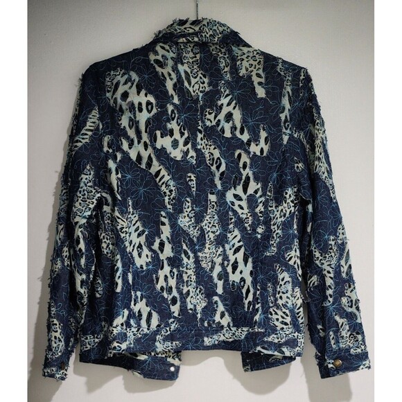 Morgan Cole Womens Distressed Jacket Size L Blue Ivory Animal Print Applique - Picture 4 of 12